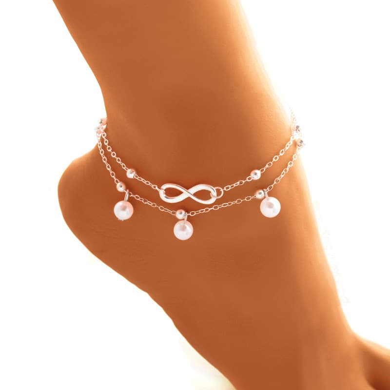 Fashion Double Infinite Simulated Pearl Pendant Anklet Foot Chain Summer Bracelet Charm 2 Color Anklets Foot Jewelry