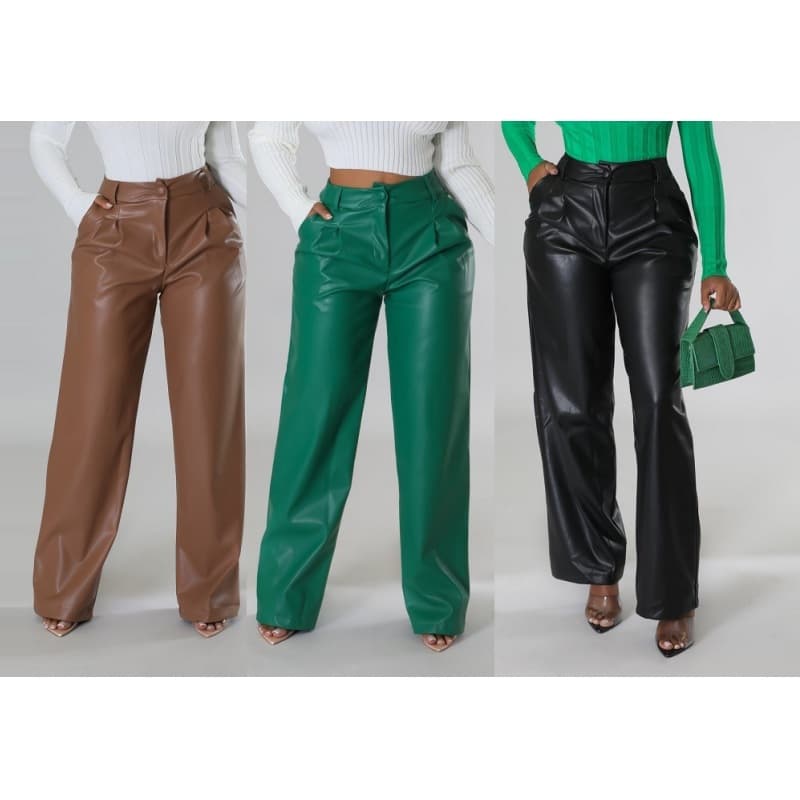 Women's PU Leather Wide Leg Pants – High Waist Loose Fit Casual Trousers With Pockets (Black/Brown/Green, S-3XL)