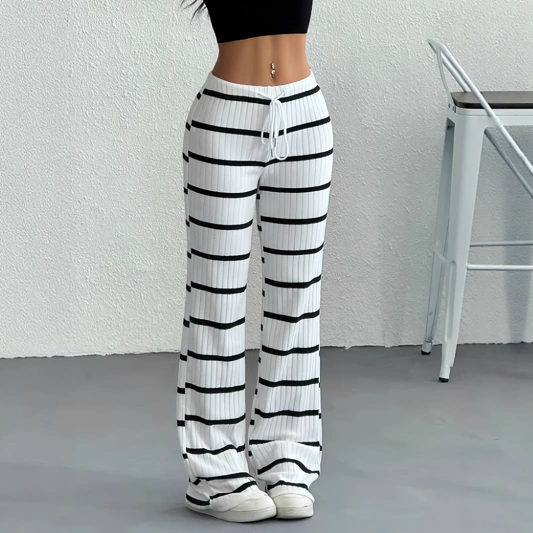 ​​Striped Wide-Leg Pants With Drawstring Waist – High-Waisted Flowy Trousers For Effortless Style​​