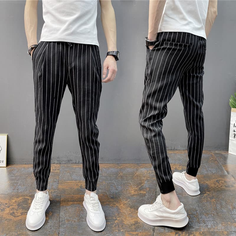 Men's Clothing summer thin striped nine point casual pants with elastic waist and slimming pants for social people