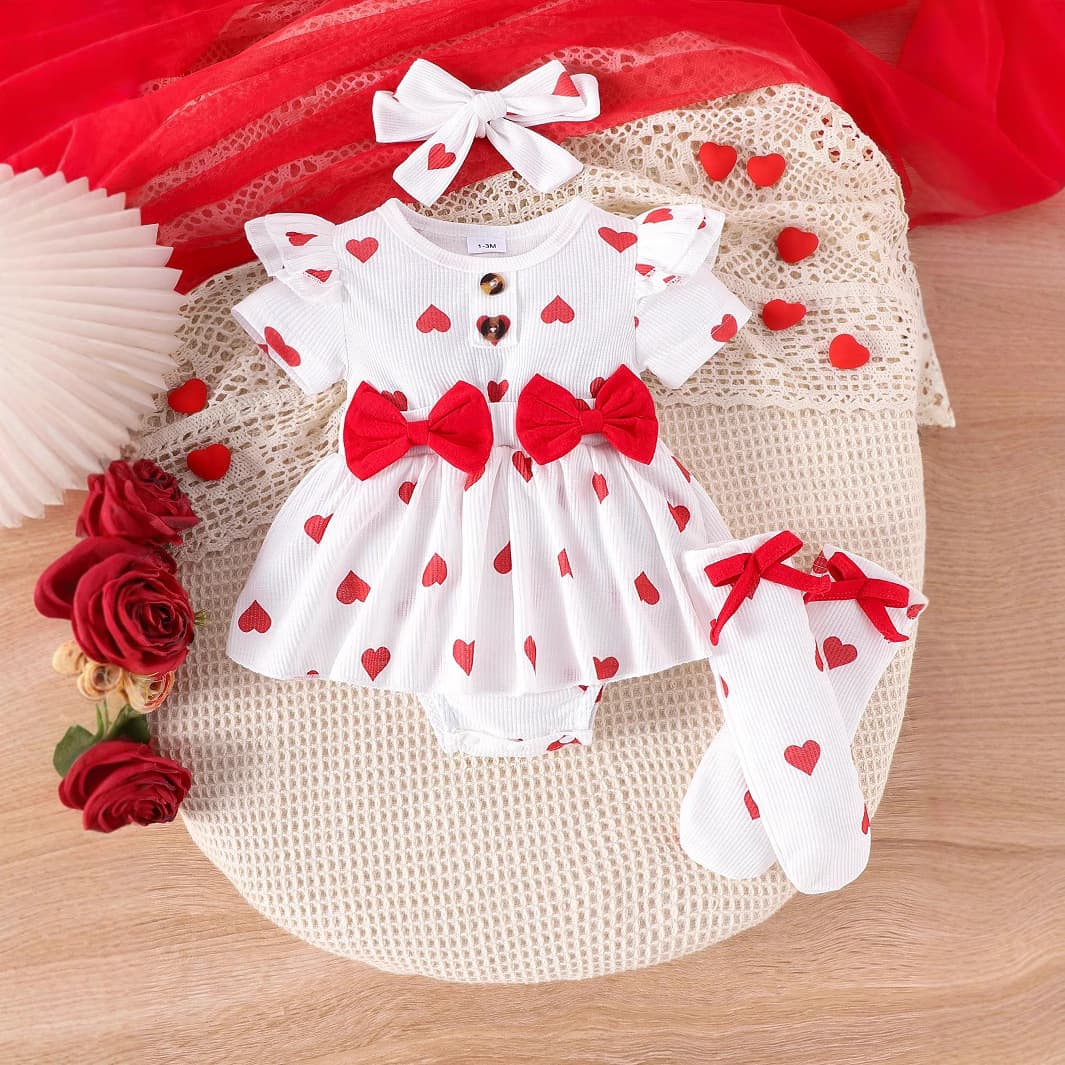 Cross Border Romper Suit Valentine's Day Baby Red Heart Bow Pattern Short Sleeved Romper Headband Socks