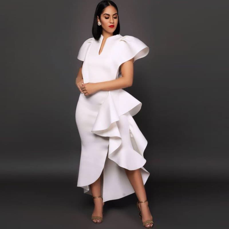 Women's V-neck ruffled high waist plus size slim fit irregular hem women's dress white dress