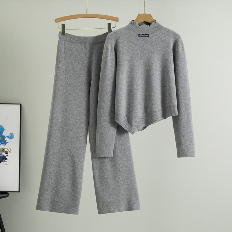 Women's Clothing Fashion Knitted Suit Irregular Turtleneck Sweater Casual Wide Leg Pants Two Piece Suit For Women