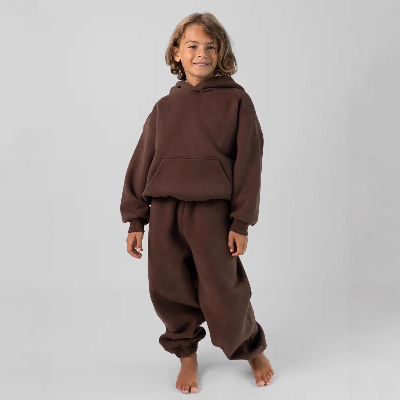 ​​Girls' Hooded Knit Set – Long Sleeve Top & Jogger Pants (Green/Brown/Gray/Navy, 110-150cm)​​ ​​All-Day Comfort​​