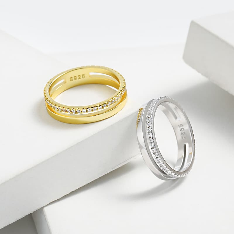 Women's Jewelry Double Row Cubic Zirconia Ring In Sterling Silver Minimalist Elegant Stackable Band For Everyday Wear Sizes 5-10