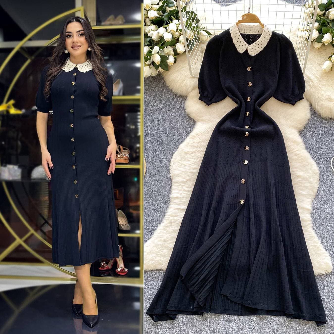 Women's Clothing Lace Collar Puff Sleeves Slim Fit Short Sleeves Knitted Dress Single Row Gold Button Long Skirt