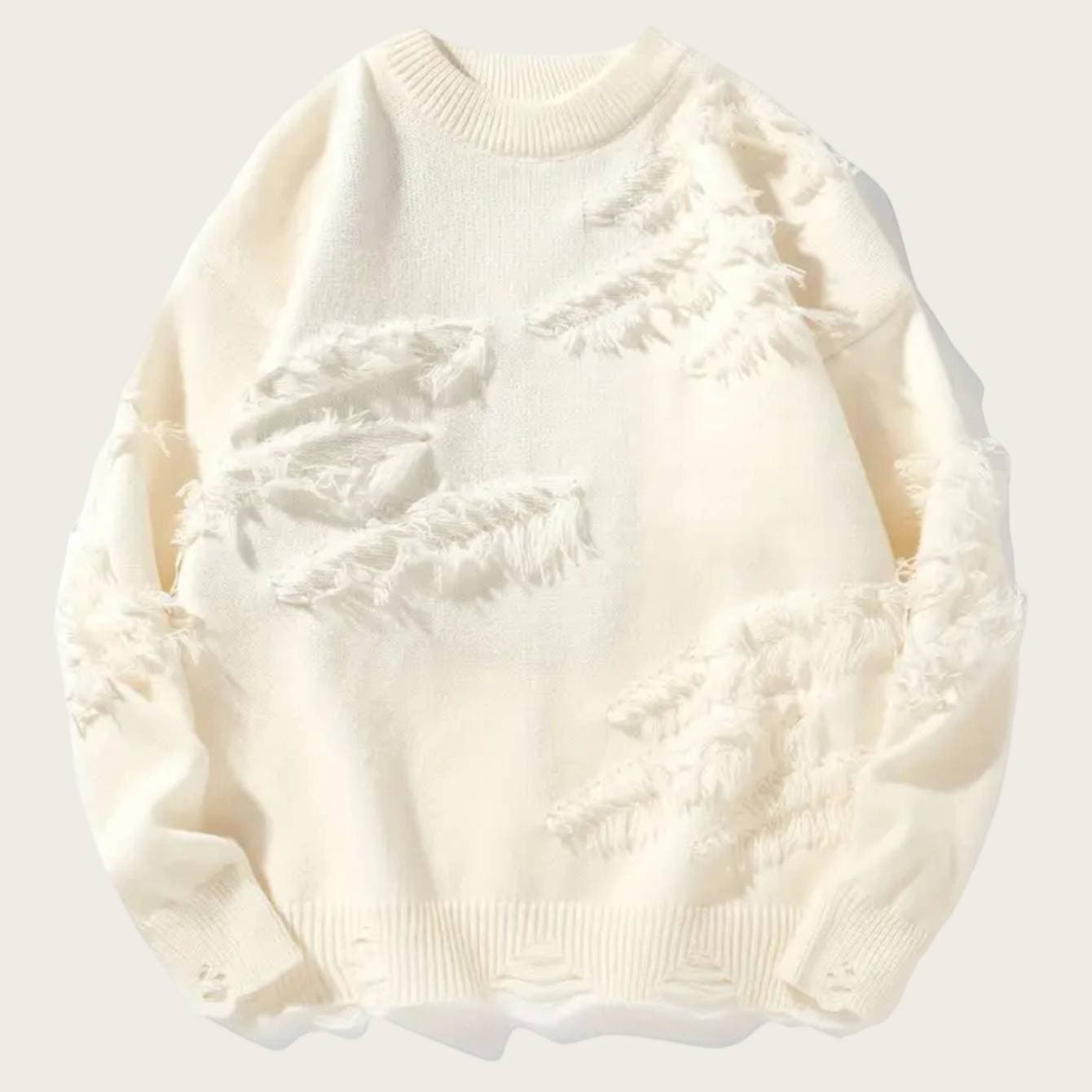 Men's Stylish Oversized Knit Sweater With Raw Edge Detail - Cozy Round Neck Pullover For Urban Streetwear (Available In Black & Beige)