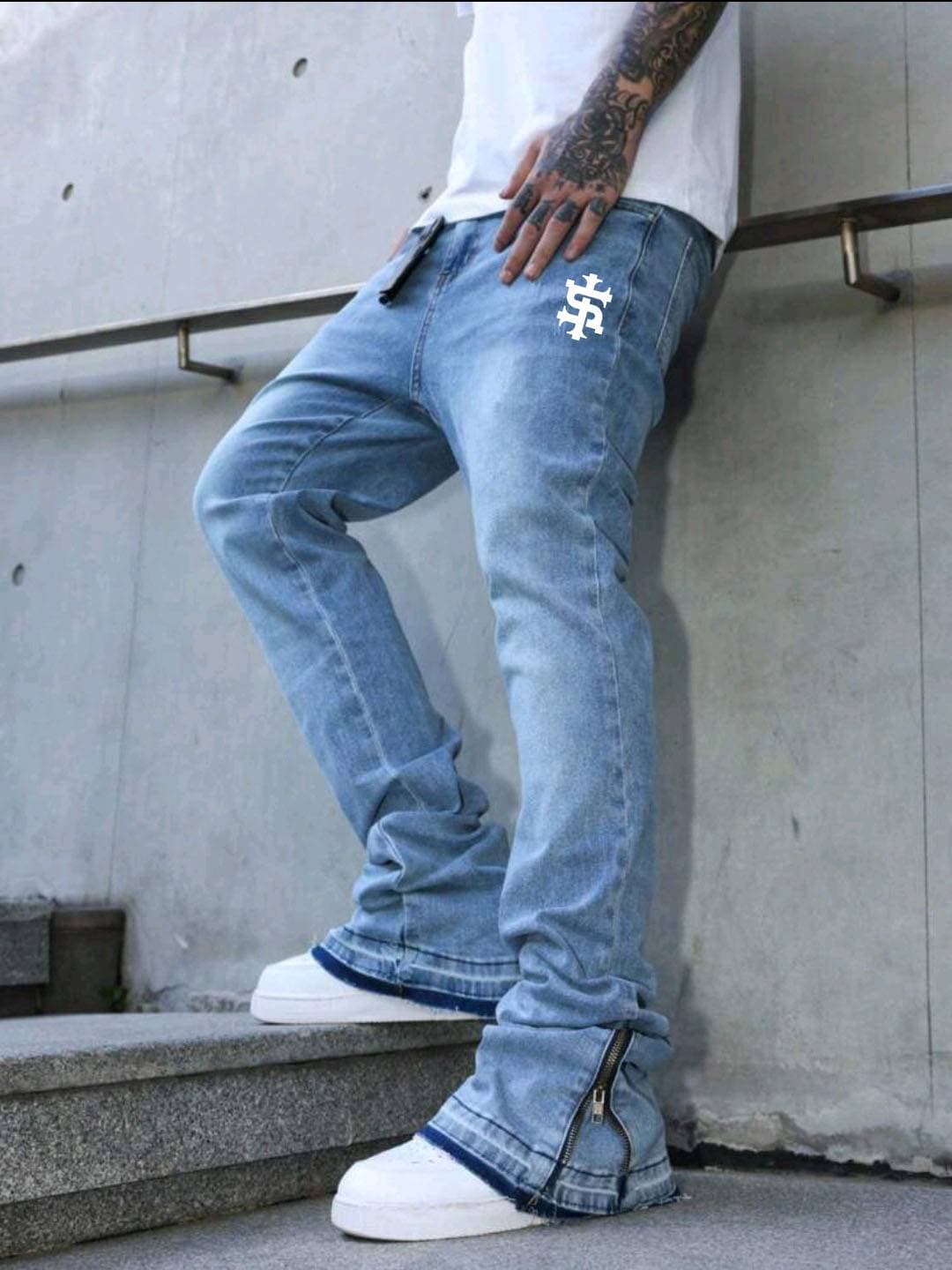 Men's Dollar Print Jeans - Spring Summer Relaxed Bootcut Straight Denim Pants With Whisker Wash