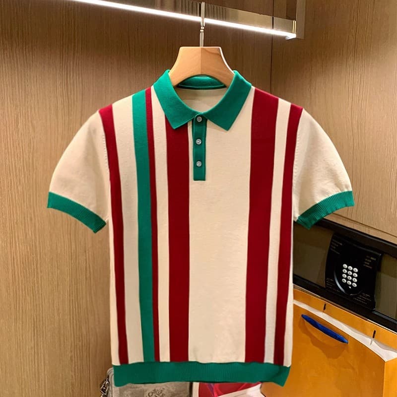Men's Clothing Fashion youth color matching striped slim fit T shirt men's short sleeve summer knitted top polo shirt men's handsome high end