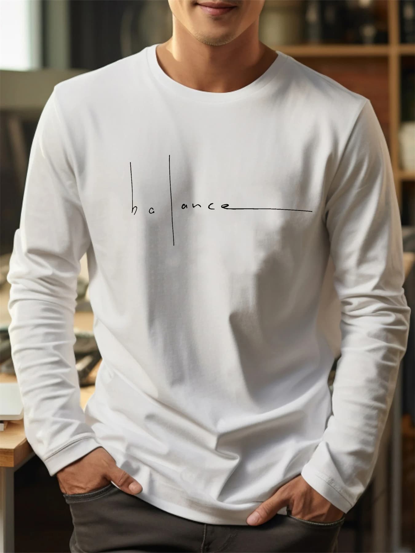 Men's Spring And Autumn Cotton Loose And Comfortable Versatile Balance Letter Printed Round Neck Long Sleeve T-shirt Top