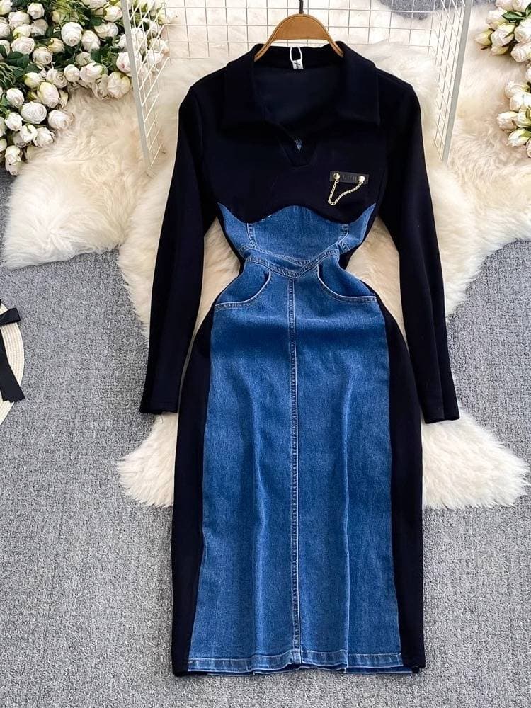 Women's Clothing Temperament Long Sleeve V Neck Waist Slim Denim Patchwork Medium And Long Hip Dress