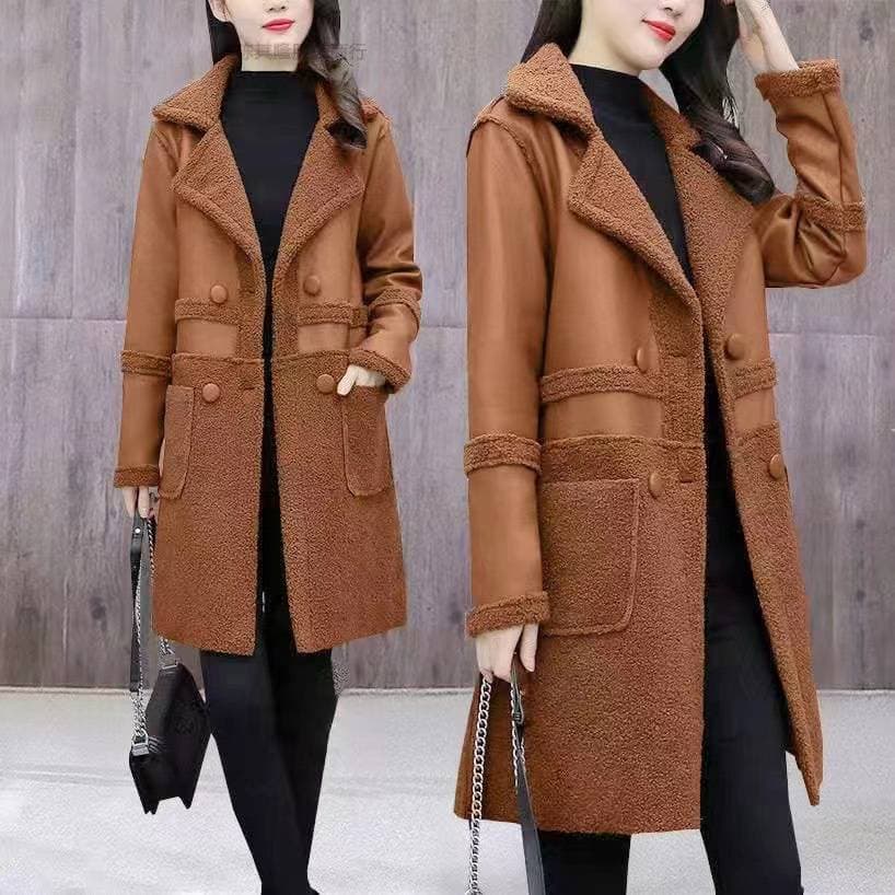 Women's fashion fur one with velvet thick suit collar wear loose plus fat plus leather coat on both sides