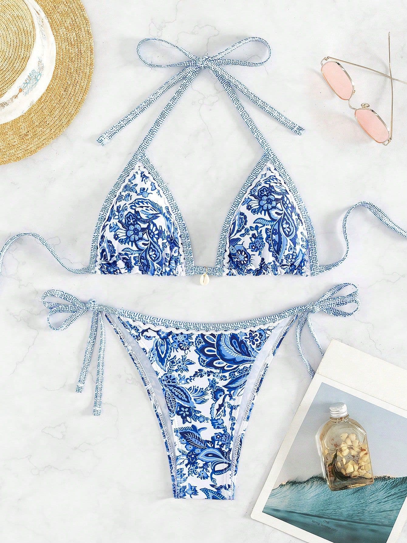 Women's Clothing Blue And White Porcelain Print Lace Up Sexy Bikini Split Swimsuit