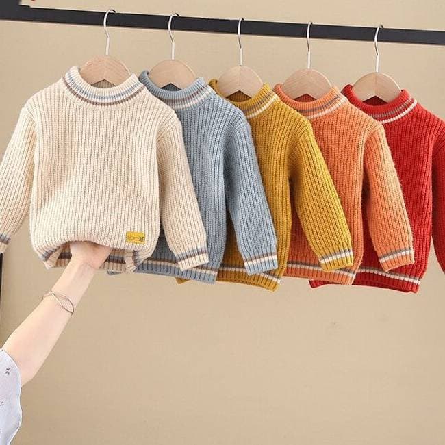 ​​Boys Girls Knit Sweater Soft Cotton Round Neck Long Sleeve Pullover For Kids 3-8 Years (100-140cm) - Red, Light Blue, Beige, Yellow, Orange​​