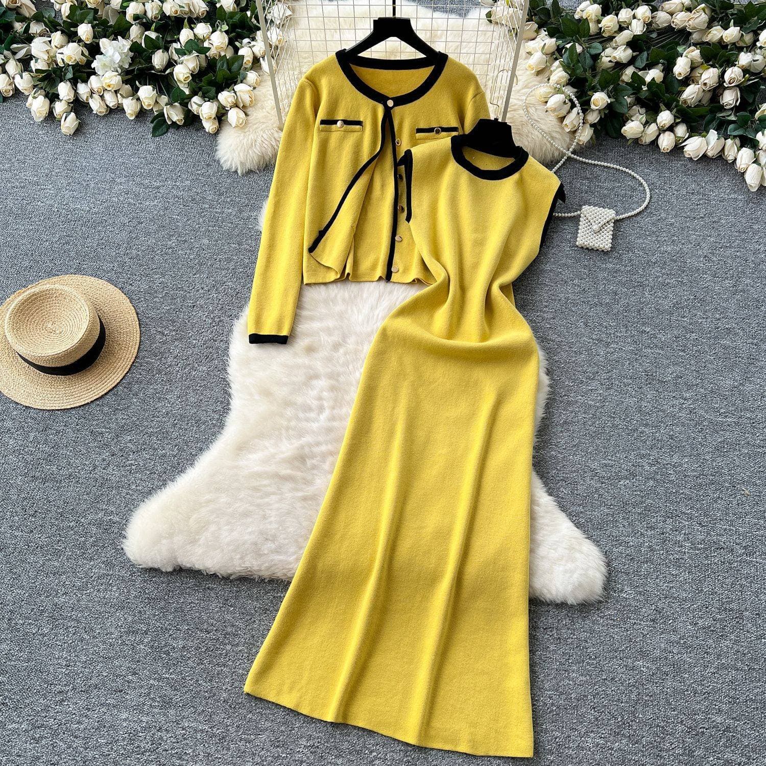 ​Women's Knit Cardigan & Sleeveless Dress Set – Elegant Two-Piece Outfit For Fall & Winter​
