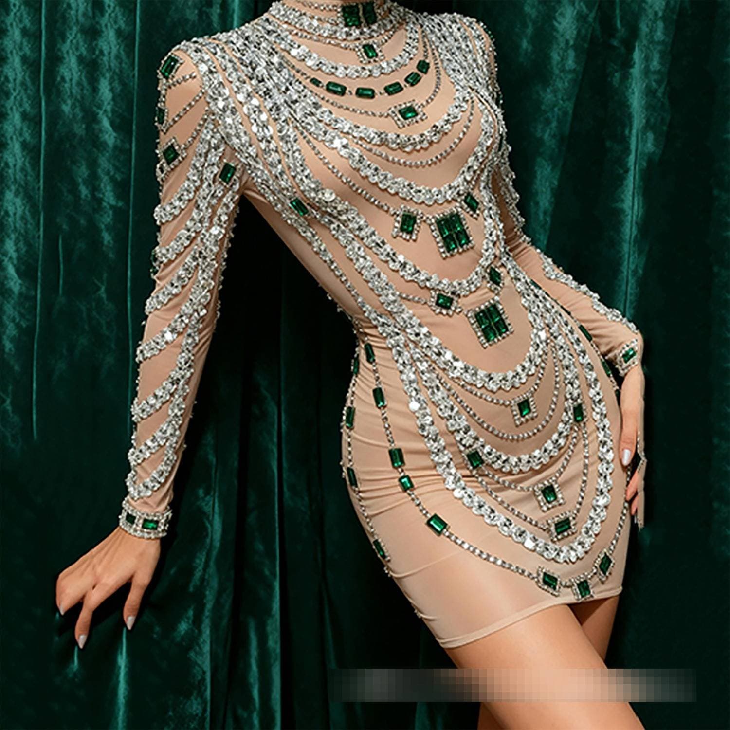 Stunning Emerald Green Mesh Bodysuit With Diamond Sequins – Stage Performance Wrap Dress For Live Singers (S-Xl)