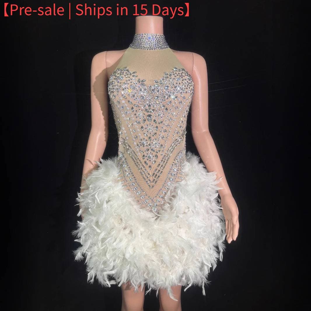 【Pre-sale | Ships In 15 Days】 Women's Clothing Shiny Rhinestone Feather Stretch Dress Hot Girl Sexy Birthday Evening Dress