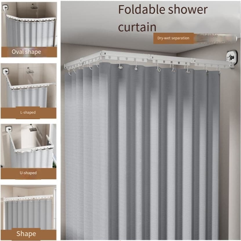 Folding Shower Curtain Rod Waterproof And Mold-proof Shower Curtain Rod Set Bathroom Shower Curtain Irregular-shaped Telescopic Clothes Drying Rod