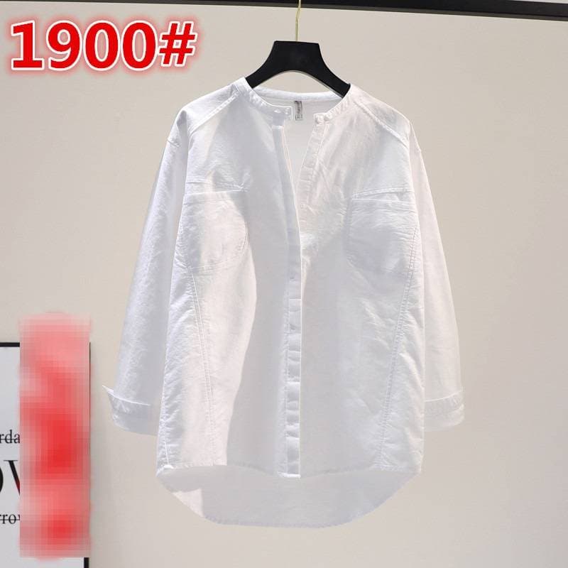 Korean Style Women's Cotton Long Sleeve Shirt – Loose Fit Round Neck Top With Double Pockets, Spring Casual Blouse