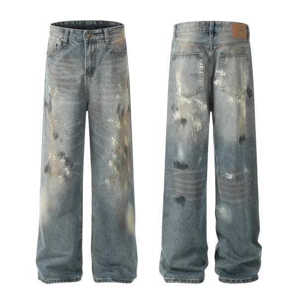 Men's Clothing high street washed loose wide leg silhouette workwear ink splashed flared jeans
