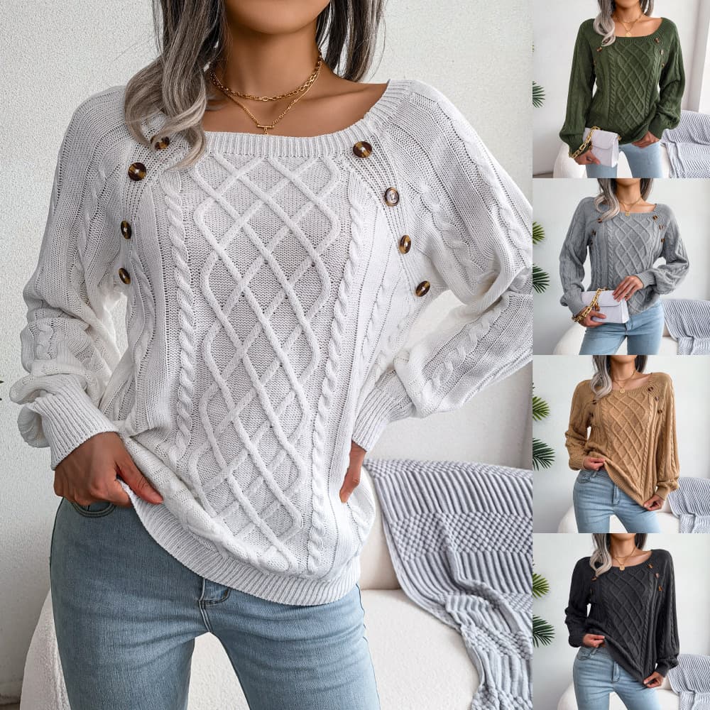 Women's Casual Square Neck Knit Pullover Sweater Button Twist Design Autumn Winter Independent Fashion Acrylic Regular Thickness
