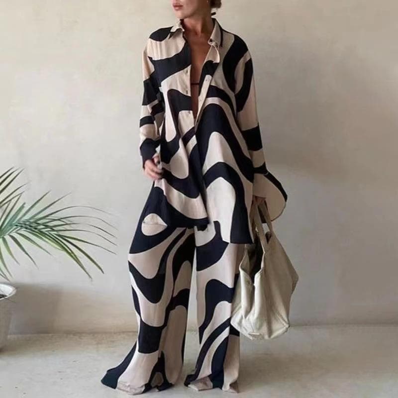 Women's Clothing New Product Set, Fashionable Printed Loose Long Sleeved Shirt + Straight Trousers For Women