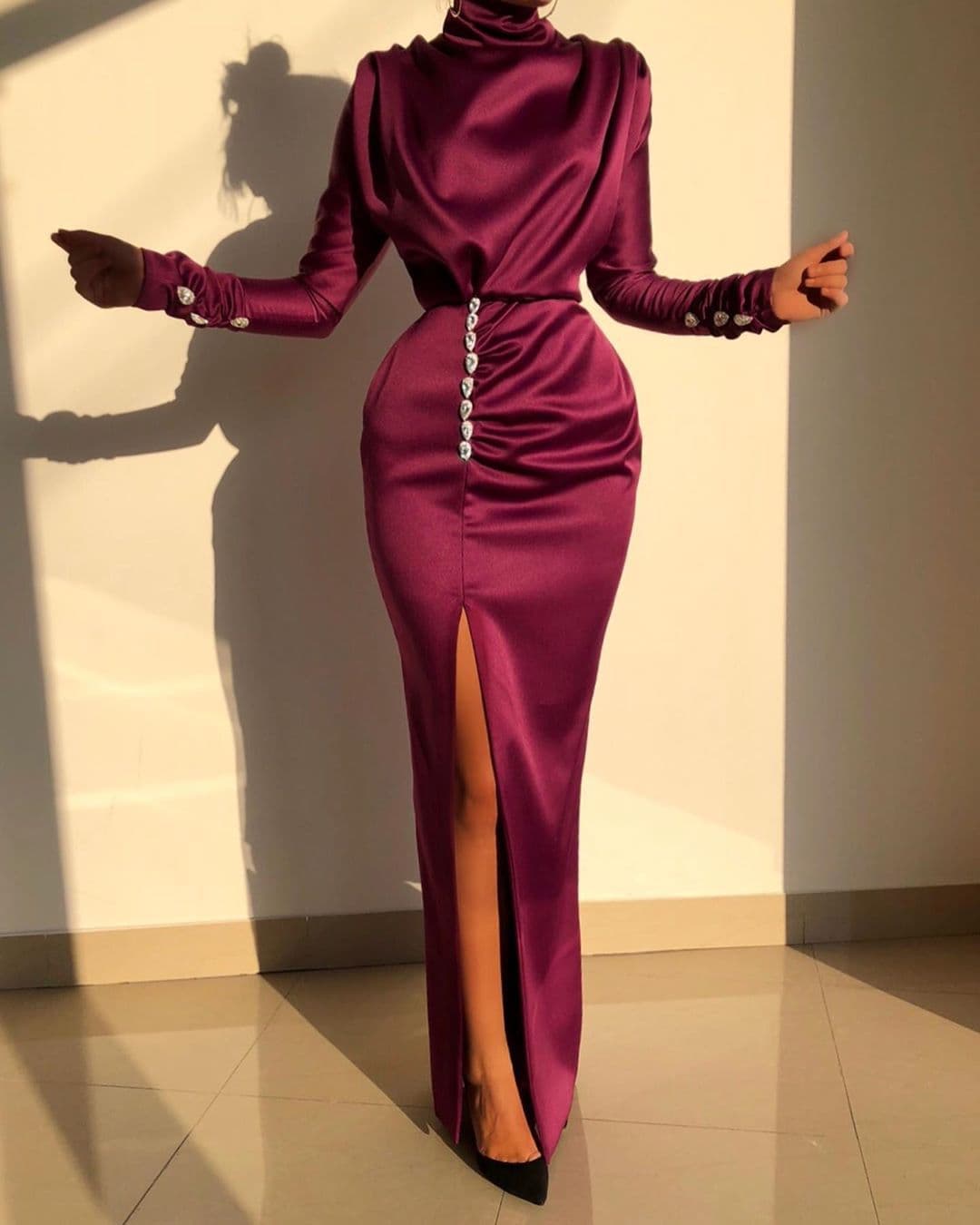 Women's Clothing autumn and winter new women's clothing hot sale high collar long sleeve slit dress long skirt