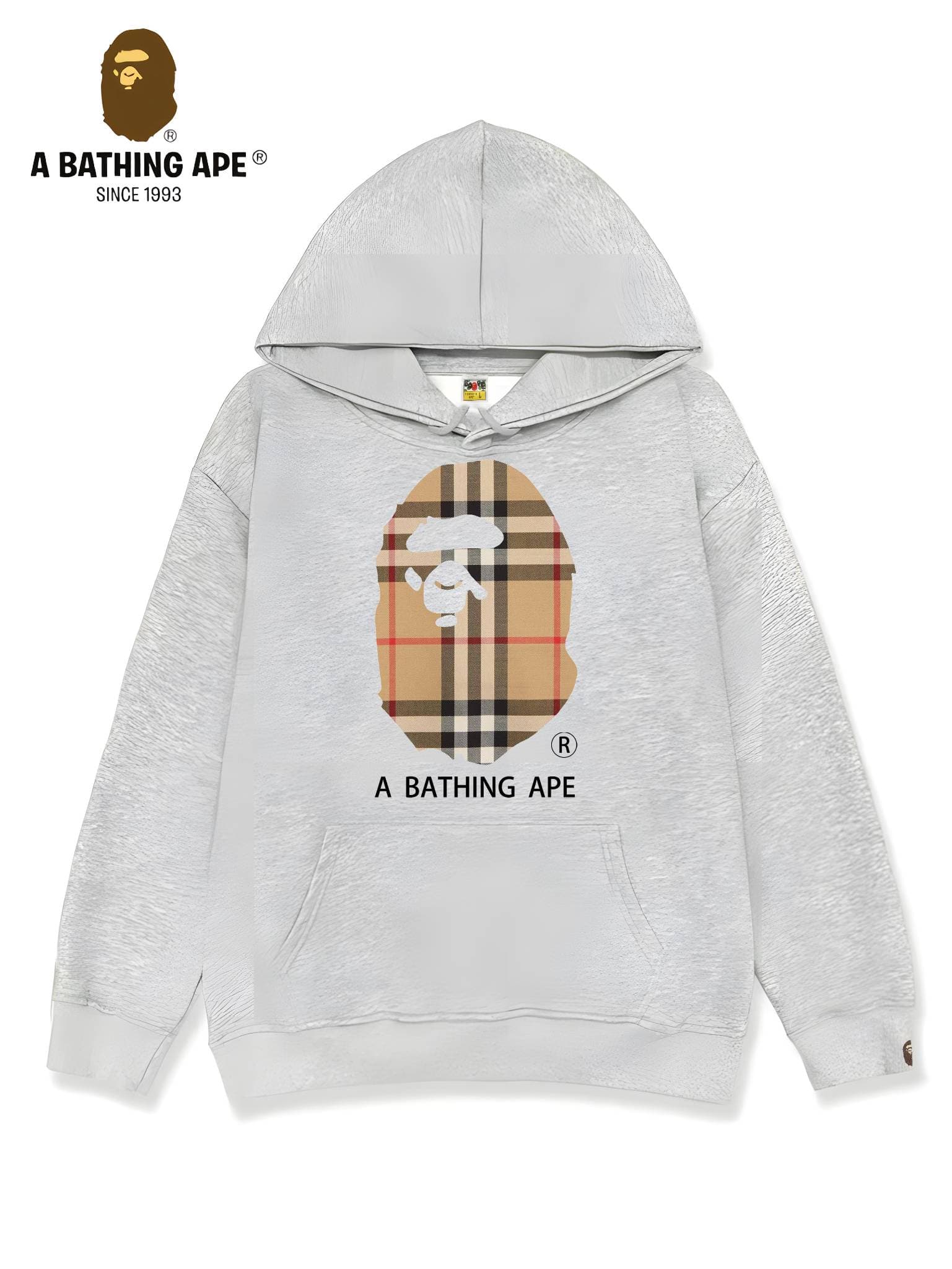 Sweat à capuche unisexe imprimé tête de singe à rayures et logo imprimé, collaboration BAPE-BAPE&BURBERRY