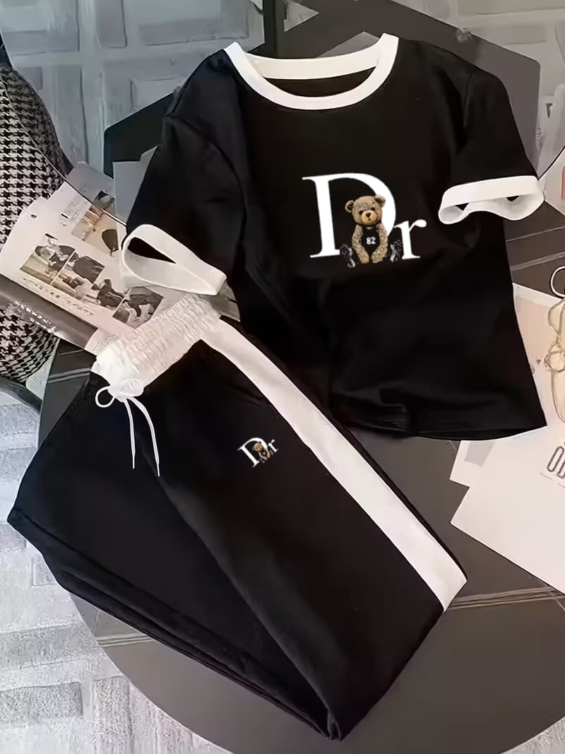 Women's Casual Sporty Two-Piece Set Short Sleeve Top Comfortable Pants Black White-1122