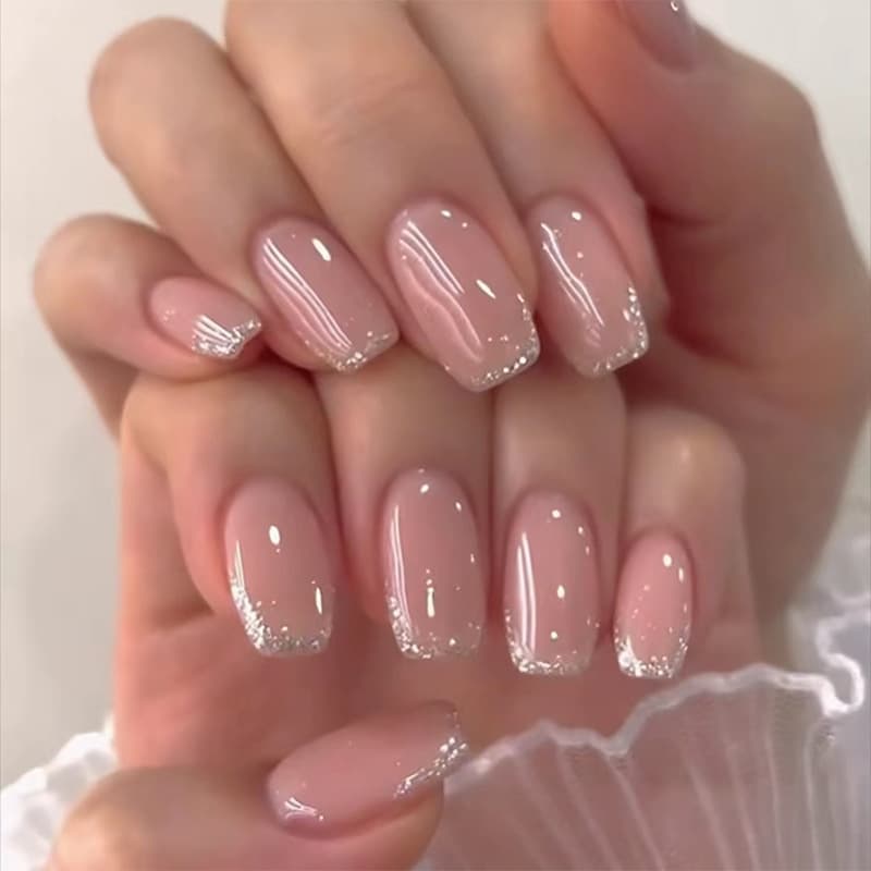 Short glossy Oval glitter French wear manicure simple elegant all-match ins gentle wear nail 24 pieces