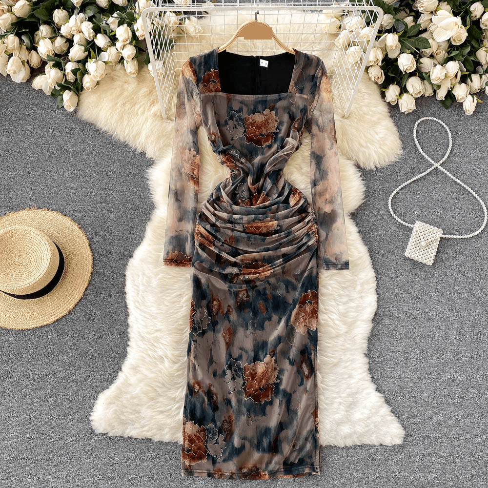Women's Clothing Temperament Printed Square Neck Long Sleeved Dress Pleated Slim Elegant Feminine Slit Hip Skirt