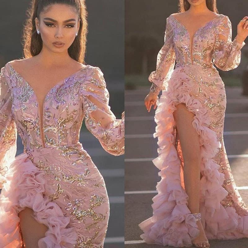 ​​"Lotus Leaf V-Neck Pink Sequin Evening Gown – Elegant High-Slit Dress With Lantern Sleeves