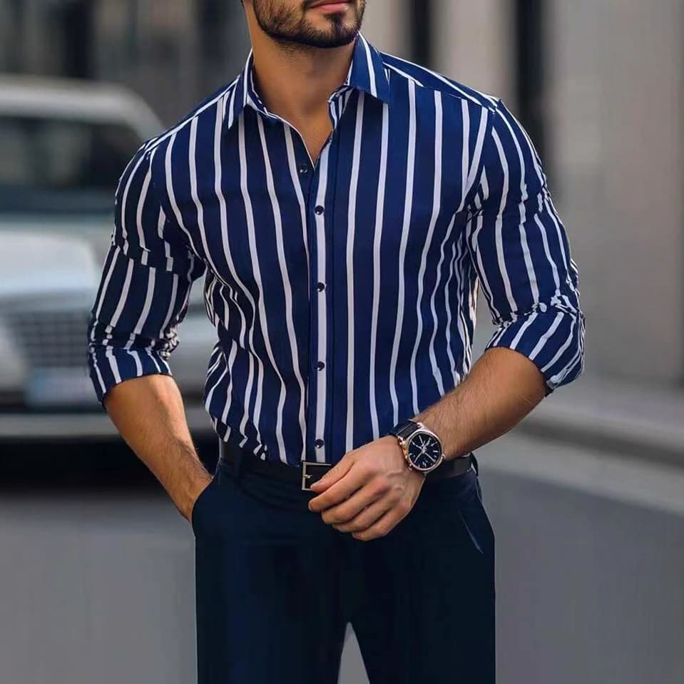 Men's Shirt Thin Lapel Striped Printing Casual Four Sided Stretch Long Sleeved Shirt Men