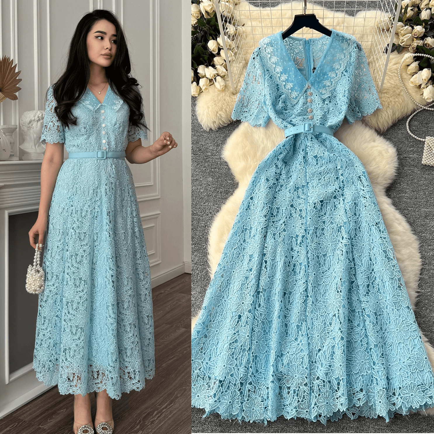 Women's Clothing High End Sweet Doll Collar Short Sleeve Waist Slim Long Lace Dress