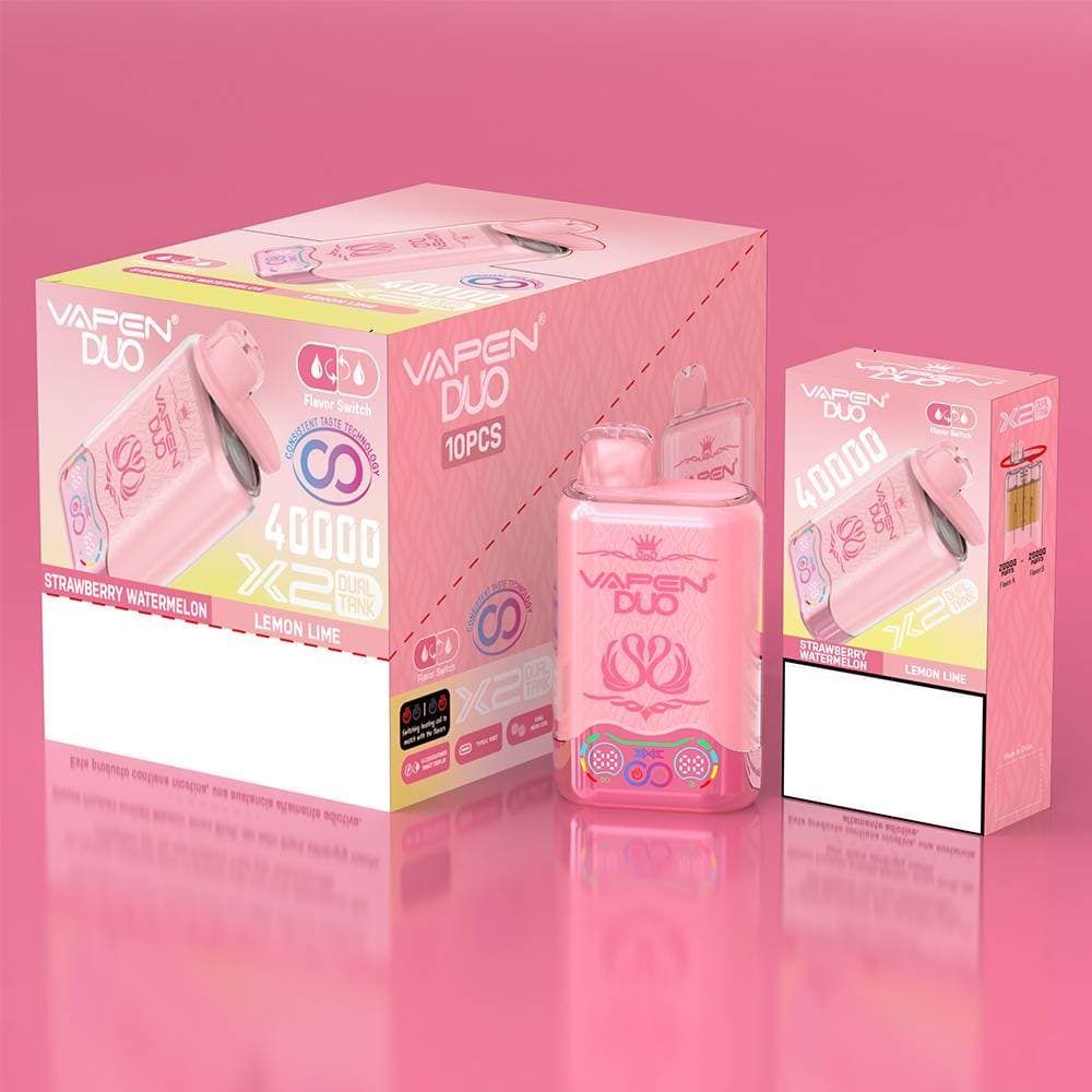 Vape jetable 10 pièces VAPEN DUO 2-en-1 Twins – 40 000 bouffées, double saveur cristal, Razz et citron vert, double réservoir, résistances en