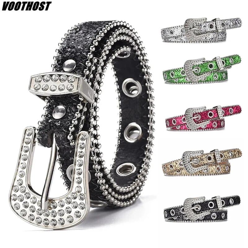 VOOTHOST Goth Sequin Rhinestone Belts Women Leather Strap Diamond Crystal Waistband Girls Fashion Studded Decoration Belt V0255