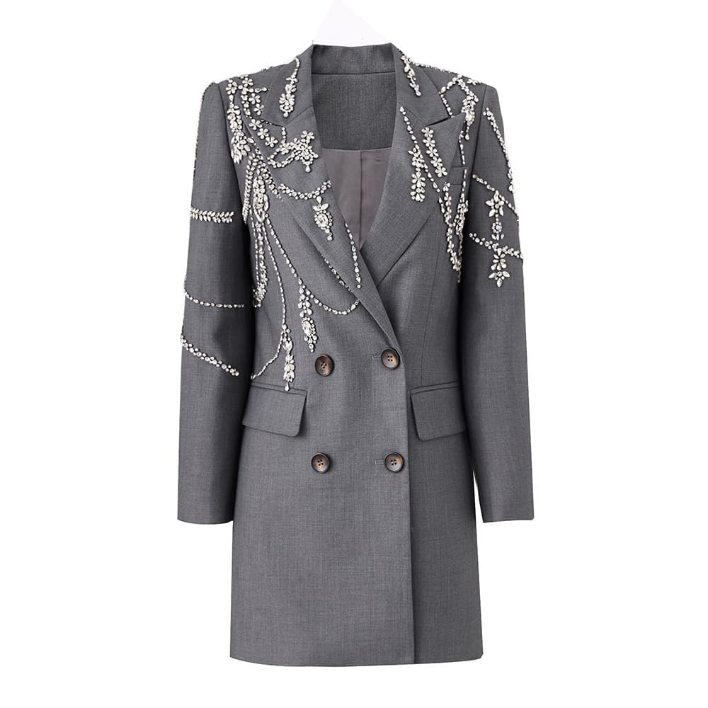 Women's Clothing Super heavy studded beaded suit dress Grey temperament dress skirt
