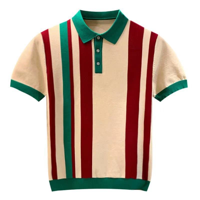 Men's Clothing Luxury Fashion Slim Lapel Sweater Elegant Vertical Stripes Color Matching Short Sleeved Knitted Polo Shirt