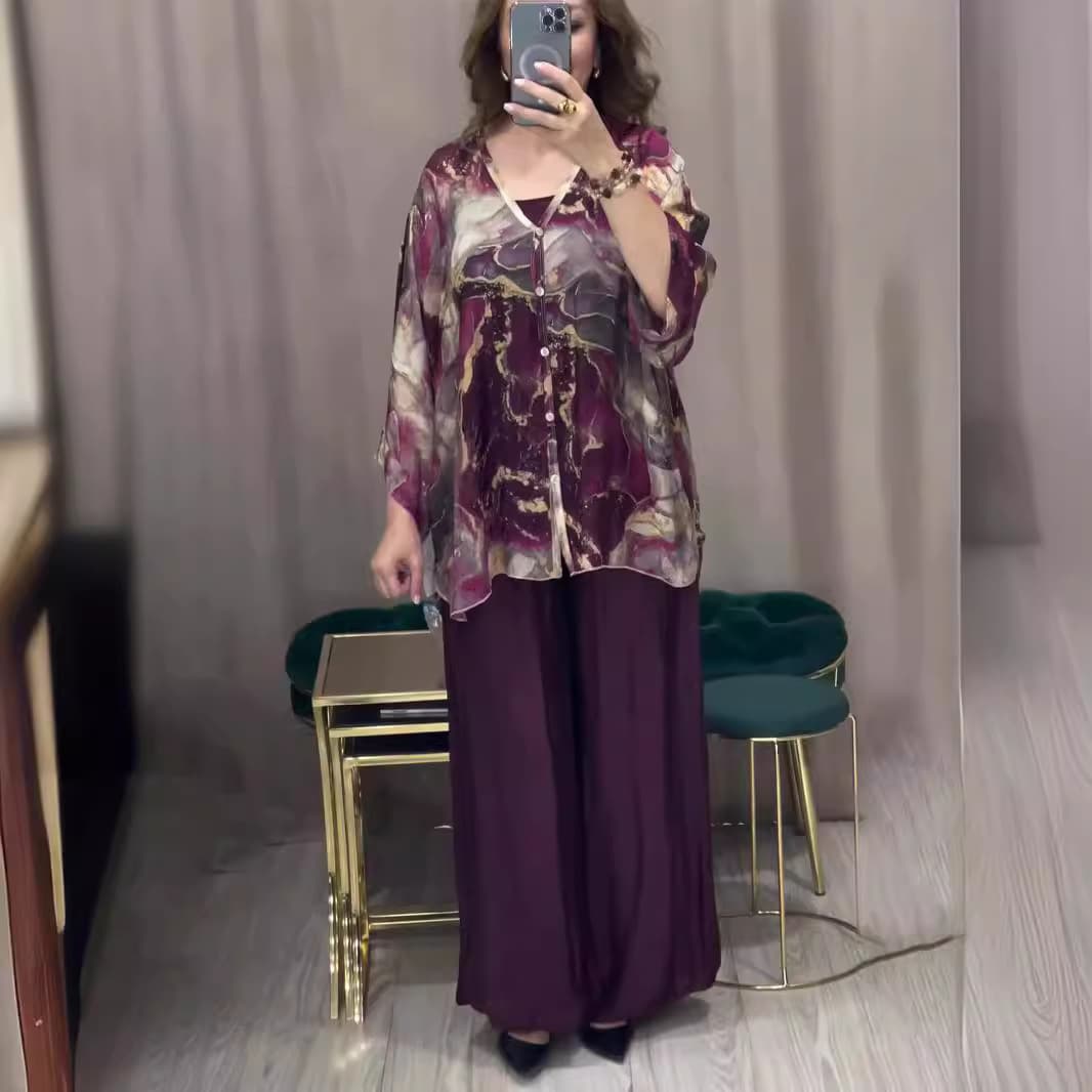 Women's Clothing summer new women's clothing printed ice silk breathable V neck loose wide leg pants fashionable casual suit