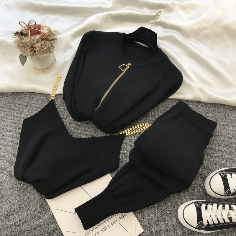 women's clothing fashionable knitted V-neck sweater + casual pants two-piece set