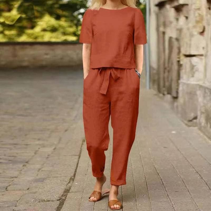 [Cotton Linen] Cotton And Linen Summer Matching Suit Half-sleeved Round Neck Oversized Cardigan Wide-leg Pants Retro Two-piece Suit