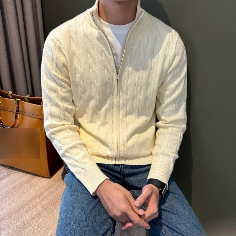 Men's Stand Collar Knit Cardigan - Thick Winter Sweater With Ribbed Hem, Cozy & Stylish For Casual & Streetwear (Navy, Brown, Beige, Sizes M-3xl)