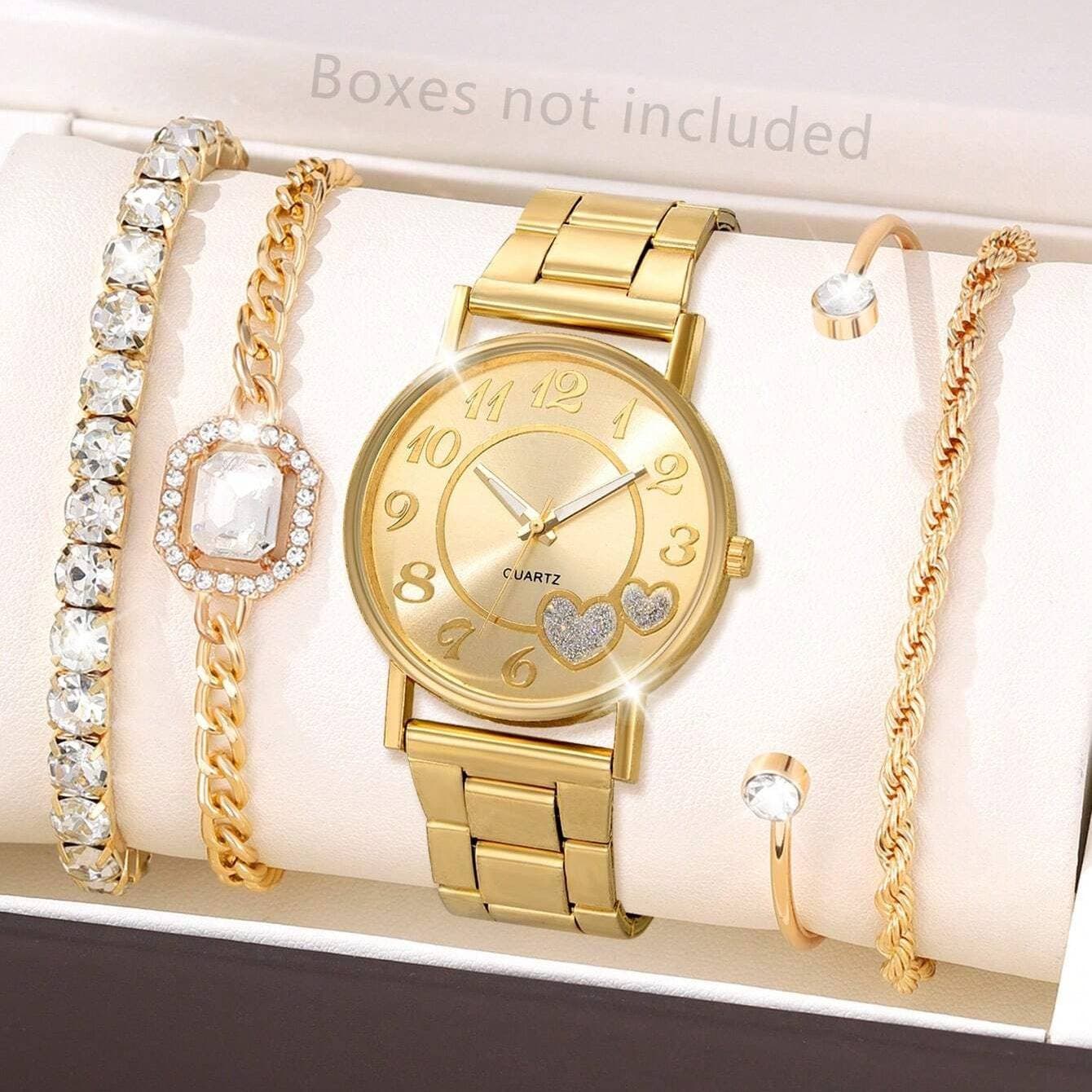 5pcs/set Fashion Personalized Net Strap Love Quartz Watch Diamond Bracelet Earring Necklace Ring Jewelry Set