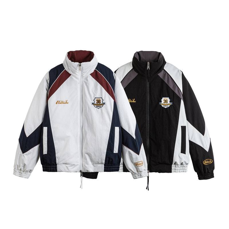 ​Vintage Baseball Jacket – Heavyweight Embroidered Oversized Varsity Coat With Contrast Sleeves & Stand Collar (Light Grey/Dark Grey)​