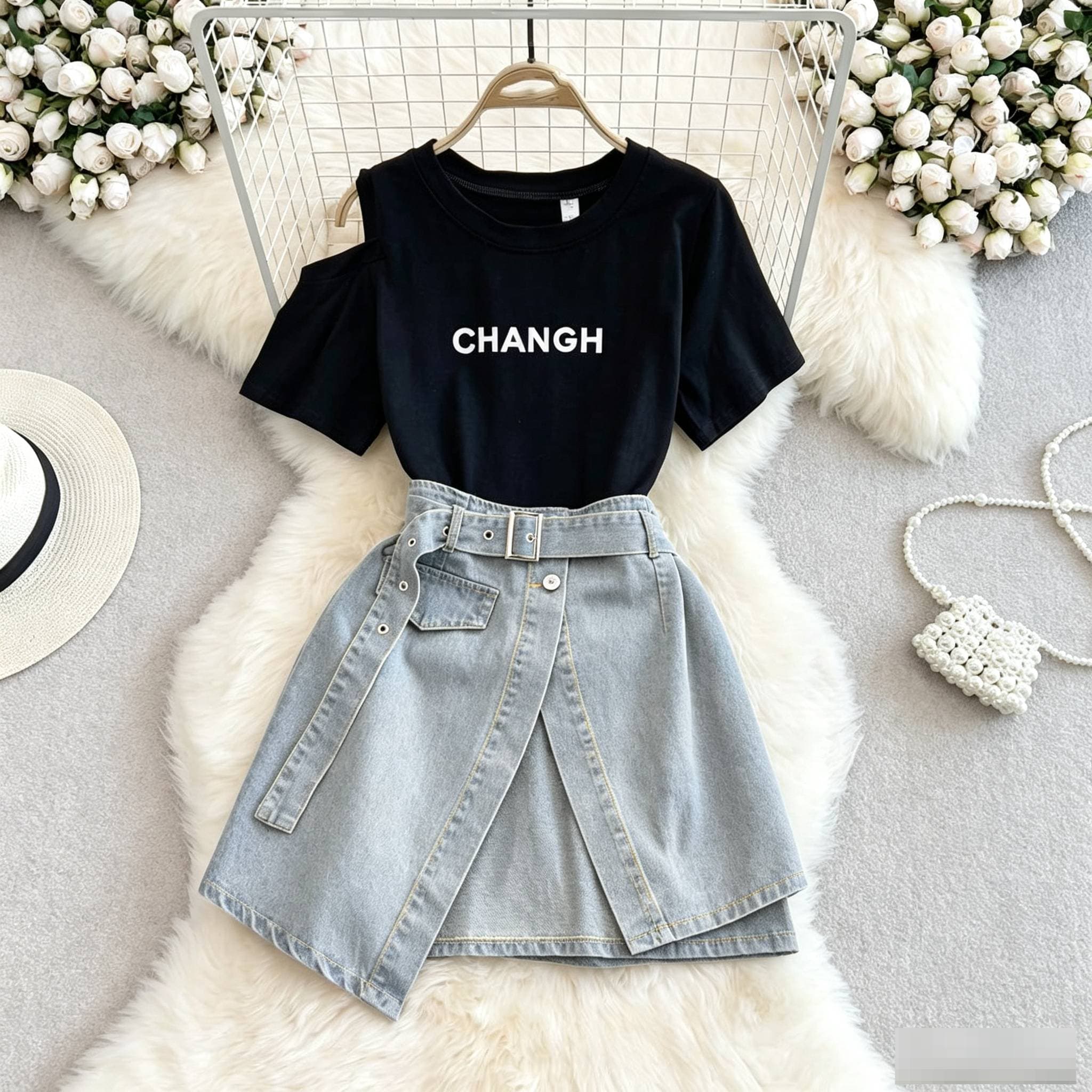 Women's Clothing ins round neck off-shoulder mid-length T-shirt layered short-sleeved two-piece suit high-waisted denim skirt