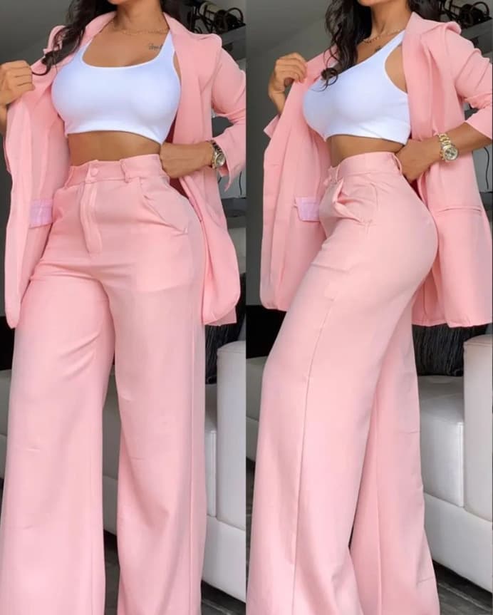 Women's Clothing, Elegant And Solid Color Split Sleeve Lapel Suit With Pockets And Straight Pants Suit