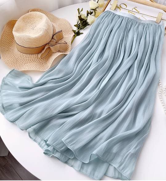 Silky temperament skirt women's slim fit medium-length A-line skirt drape and elegant summer organza skirt