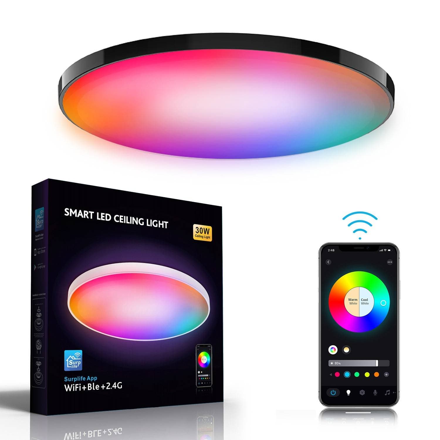 Light Bulbs Smart Wifi Bluetooth Remote Control Dimming Color Voice Modern Ultra Thin Simple Black Frame Three Proof Ceiling Lamp