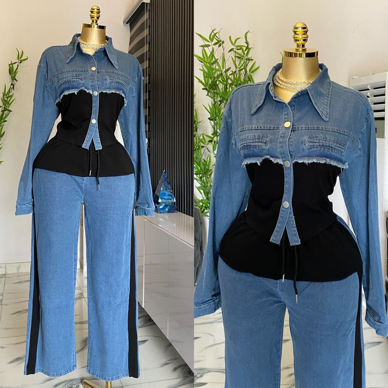 Women's Denim Patchwork Fashion Casual Suit Long Sleeved Top And Wide Leg Pants Two-Piece Set For Spring And Autumn
