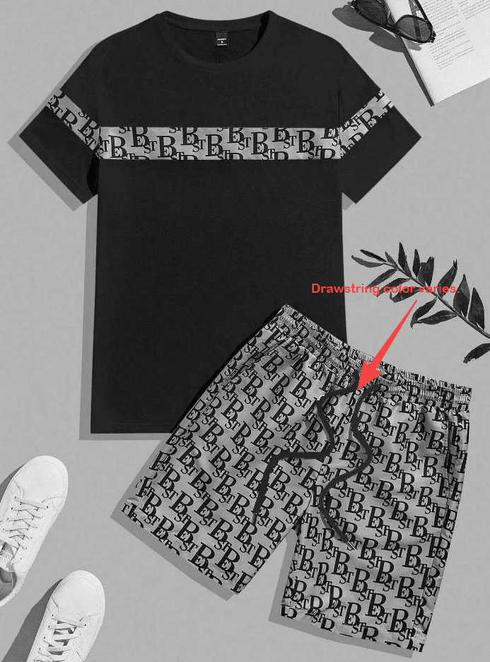 Ensemble t-shirt et short d'été tendance pour homme, manches courtes, en coton et polyester gaufré gris, coupe classique.
